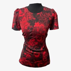 Ann Taylor Black Red Rose Floral Print Ruched Mesh Overlay Blouse Whimsigoth